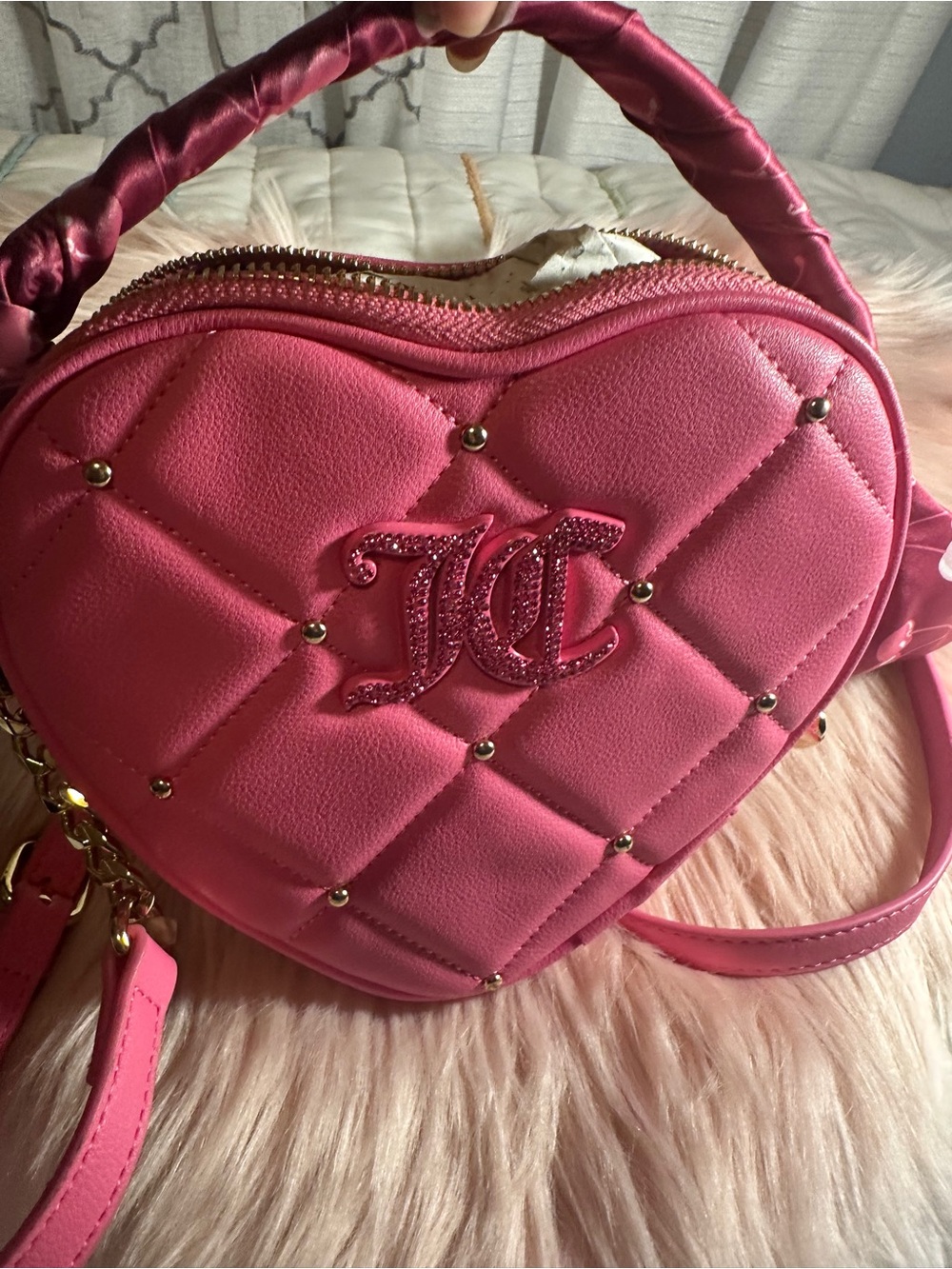 Juicy Couture Hot Pink Quilted Heart Mini Bag with Gold Studs